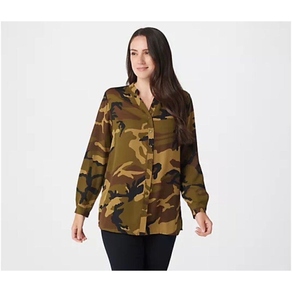 Joan Rivers Women Silky Y-Neckline Long Sleeve Camouflage Blouse Size 10